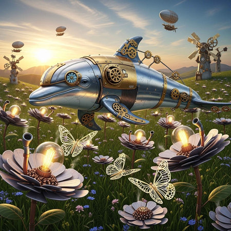 A steampunk dolphin flies over a vibrant field of flowers at sunsetの写真素材