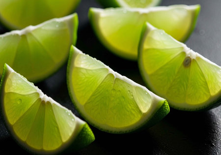 Fresh lime wedges on a dark surface for cooking or garnish