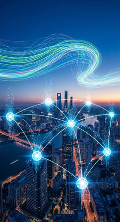 A futuristic cityscape at dusk with a network of glowing connections overheadの写真素材