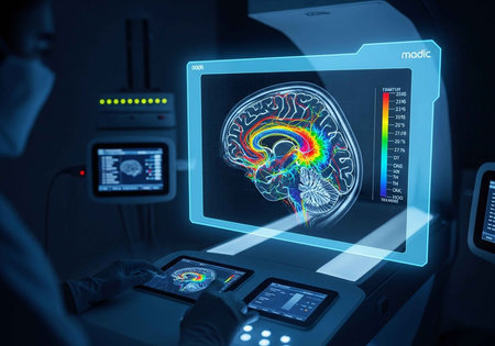 A medical professional analyzing a brain scan on a computer screen in a modern hospital room