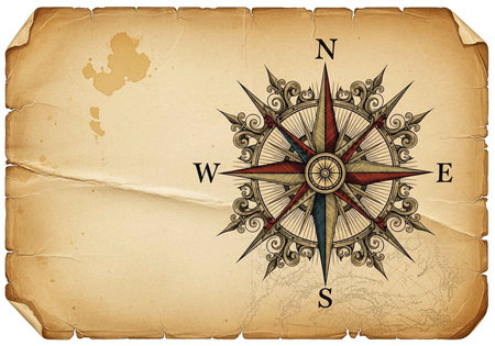 A vintage compass rose on a distressed parchment background