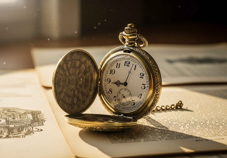 An antique pocket watch resting on an old book with a warm light
