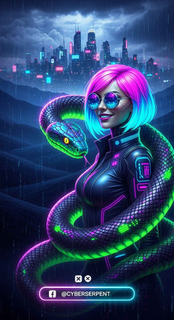 A futuristic woman with pink hair and a snake in a neon cityscape