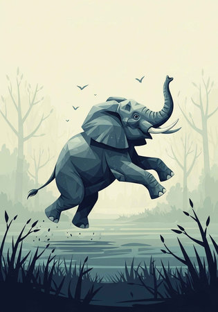 A playful elephant jumping over water in a serene natural landscapeの写真素材