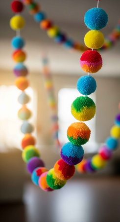 A colorful pom-pom garland hanging in a bright room with blurred backgroundの写真素材