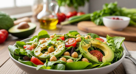 A healthy salad with avocado, chickpeas, and vegetables on a wooden table