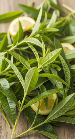 Fresh green leaves and lemon slices on a wooden surfaceの写真素材