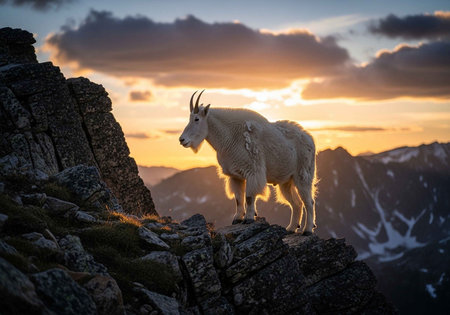 A white mountain goat stands on a rocky peak at sunsetの写真素材