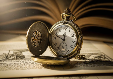 An antique pocket watch lies open on a vintage book page