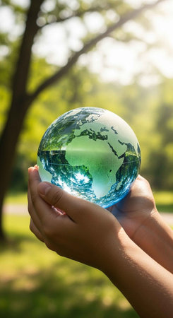 A person holding a glass globe in a serene natural environment with trees and sunlight.