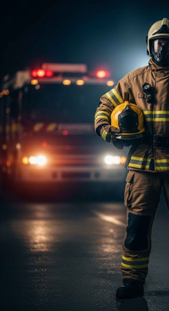 A firefighter in full gear stands in front of a fire truck at night