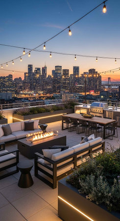 A rooftop patio with a city skyline view at dusk, featuring outdoor furniture and string lights