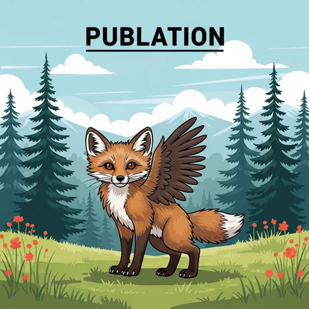 A cartoon fox with wings standing in a forest meadow with flowersの写真素材