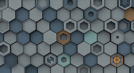 A modern hexagonal pattern with various gray and blue shapes
