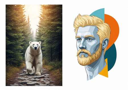 A polar bear walking on a forest path and a man with a beard and mustacheの写真素材