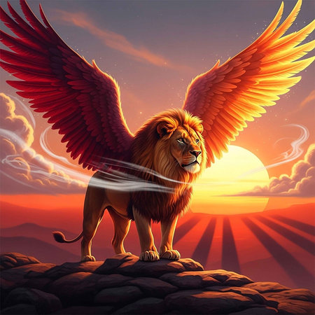 A majestic winged lion standing on a rocky outcrop at sunsetの写真素材
