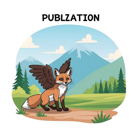 A cartoon winged fox standing in a scenic mountain landscape with treesの写真素材