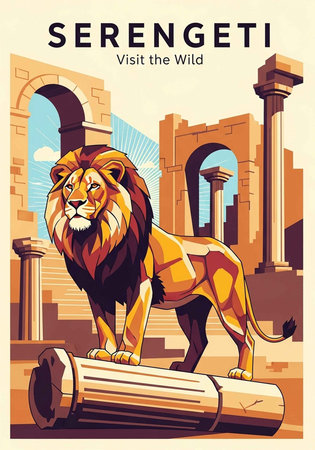 A majestic lion standing in front of ancient stone ruins in Serengeti