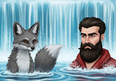 A cartoon man and a fox are swimming together in a waterfall