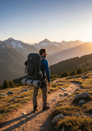 A man with a backpack standing on a mountain trail at sunset