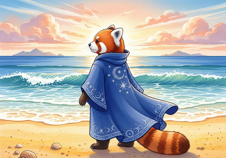 A red panda wearing a blue cloak stands on a serene beach at sunsetの写真素材