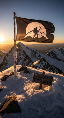 A flag and sign marking the summit of a snow-covered mountain at sunrise