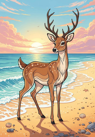 A cartoon deer stands on a serene beach at sunset with ocean wavesの写真素材