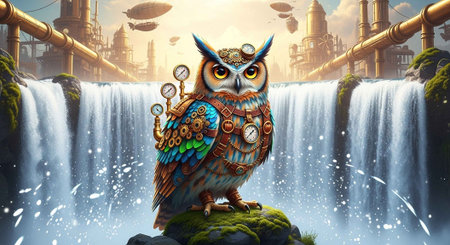 A steampunk owl perches on a mossy rock in front of a futuristic waterfall with industrial pipes and flying saucers in the background.の写真素材
