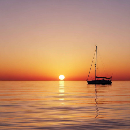 A serene sailboat floats on calm waters during a vibrant sunset