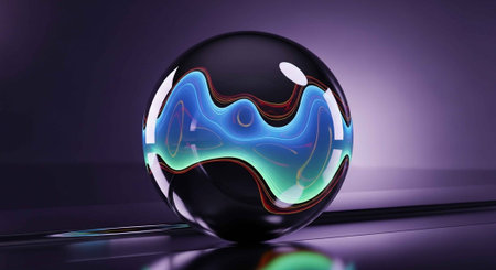 A futuristic glass sphere with a vibrant blue and green glowing design