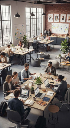 A group of diverse colleagues working together in a modern office space
