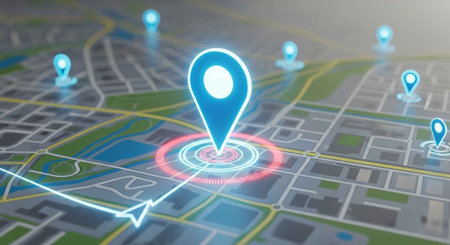A digital map with a blue location pin and multiple markers