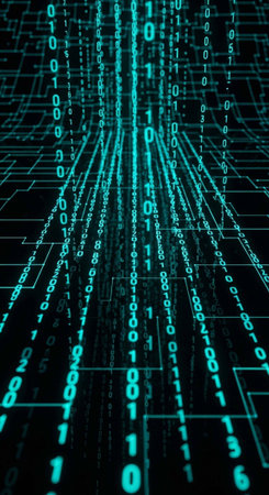 A futuristic digital background with glowing blue binary code streams