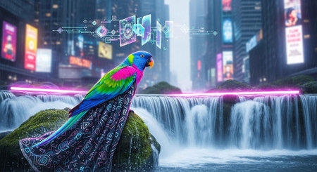 A vibrant parrot perches on a mossy rock in front of a futuristic waterfall in a bustling cityの写真素材