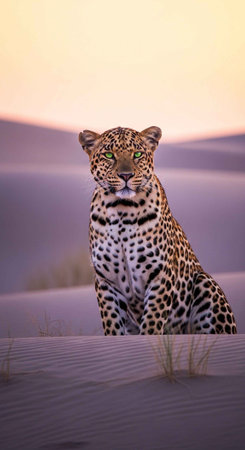 A leopard sitting in the desert sand at sunset with green eyes