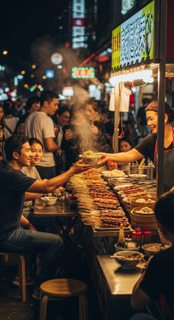 A bustling street food market at night with people enjoying mealsの写真素材