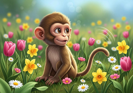 A cute monkey sitting in a field of colorful flowers and grassの写真素材