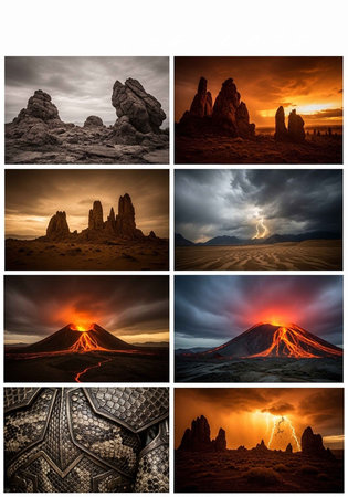 A dramatic landscape collage featuring volcanic rock formations at sunset