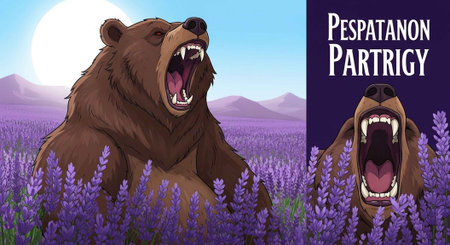 A large brown bear roaring in a field of purple lavender flowers under a bright moon