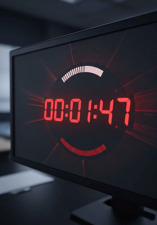 A close-up of a computer monitor displaying a red digital timer counting down