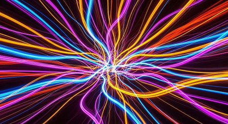 A vibrant abstract image of colorful neon lights on a dark background