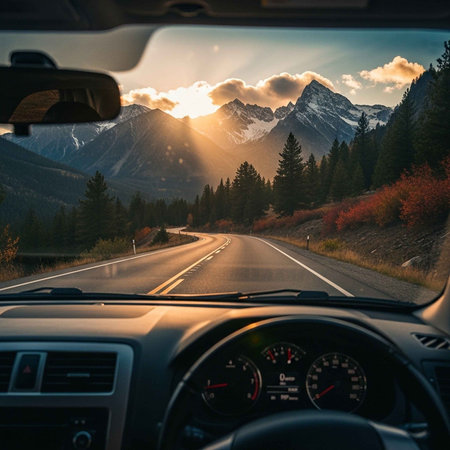 A scenic drive through a mountain range during a beautiful sunsetの写真素材