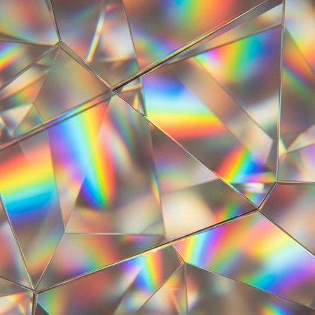 A colorful holographic background with rainbow reflections on geometric shapesの写真素材