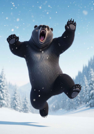 A cartoon bear jumping in the air with excitement in a snowy forest