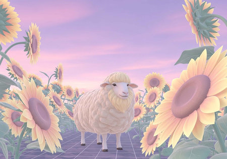A cartoon sheep standing in a field of vibrant sunflowers at sunsetの写真素材