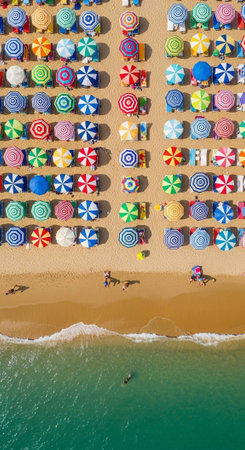 Aerial view of a vibrant beach with colorful umbrellas and people relaxing