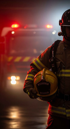 A firefighter in uniform stands ready at night with a firetruck behind him