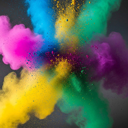 A vibrant cloud of colorful powder exploding in mid-air against a dark background