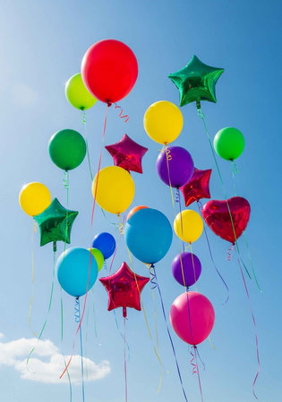 A bunch of colorful balloons floating in the clear blue sky