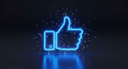 A glowing blue thumbs up icon on a dark background with sparksの写真素材